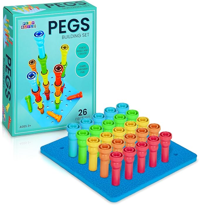 Play Build Kids Peg Board Building Set 26 Pieces - STEM Construction with Colorful Pegs & Shapes, Fine Motor Skills Learning Toy, Montessori Toddler Building Toys for Boys & Girls Age 3+
