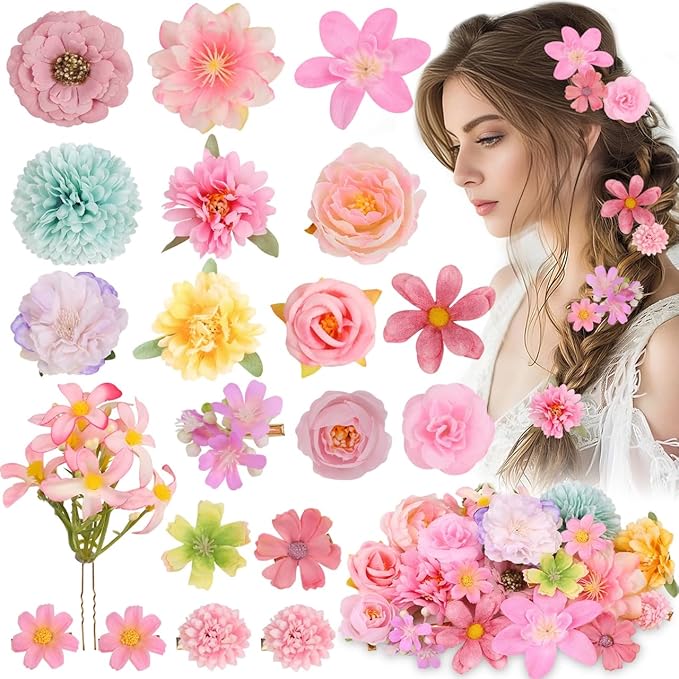 20 Pack Flower Hair Clip Rose Hair Clips Barrettes for Women Flower Accessories Boho Bride Claw Clip Hairpin Brooch Pin Headpiece for Girls Wedding (Pink)