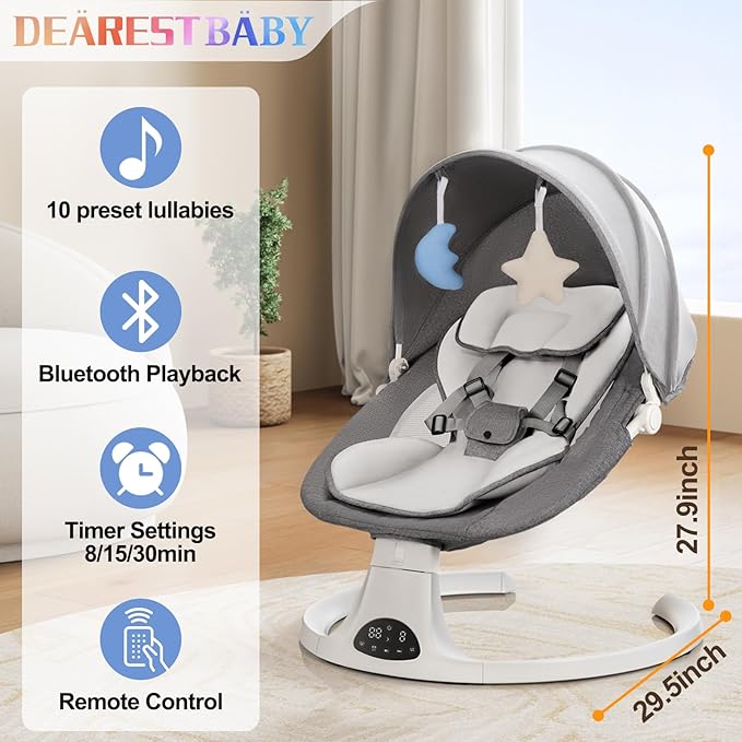 Baby Swing for Newborn to Toddler, 5 Speed Portable Infant Swing with Smart Touch Control, Remote Control, 10 Lullabies, Timer, 5 Point Harness and Soft Fabric (Grey)