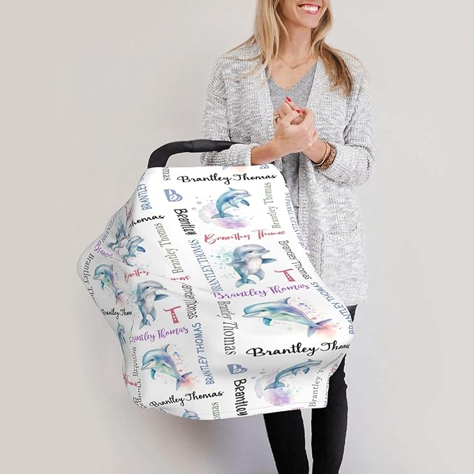 Personalized Baby Car Seat Cover with Name Stroller Canopy Custom Dolphin Carseat Cover Newborn Baby Boy Girl Nursing Cover for Moms First Birthday Gift