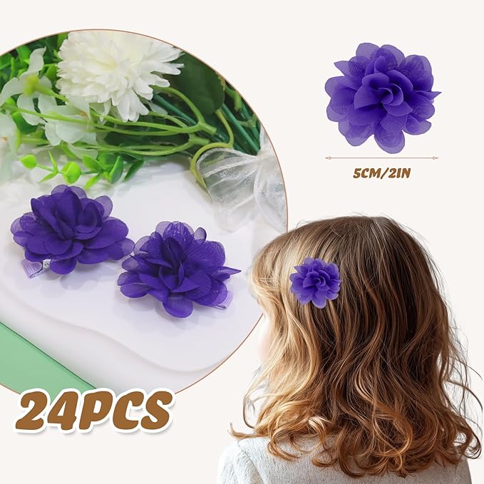 24 PCS 2" Chiffon Flower Hair Bows Clips Artificial Fabric Flower Tiny Baby Hair Clips Fine Accessories for Women Girls Kids (Purple)