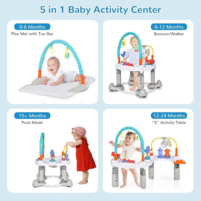 INFANS Baby Bouncer Activity Center, 5 in 1 Toddler Bouncing Activity Saucer Playtime Mat Activity Table with 360°Rotating Seat, 3 Adjustable Height, Foldable Exersaucer Learning Walker (Light Grey)