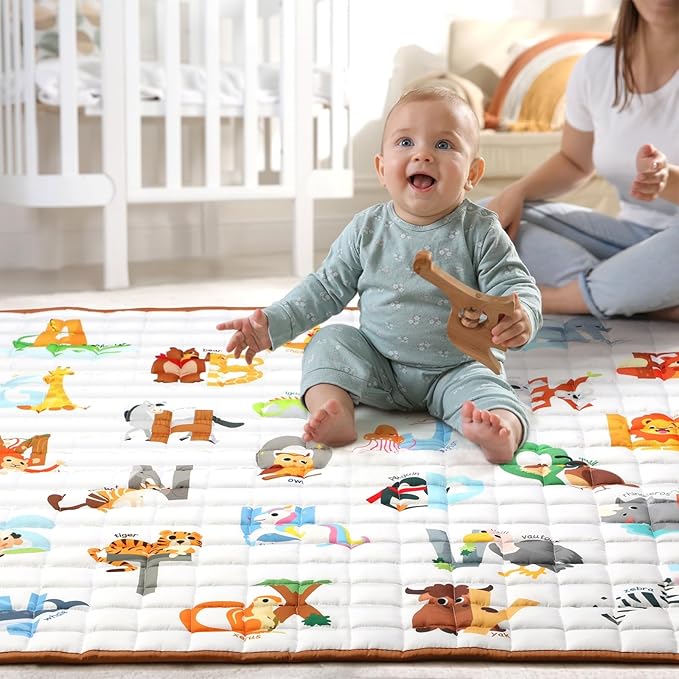 Percozzi Animal Baby Play Mat, ABC Alphabet, Words and Shapes Educational Learning & Fun, 50" X 50" Baby Playpen Mat, Animal Toddler Play Mat, Crawling Mat for Babies, Foldable Baby Play Gym Mat