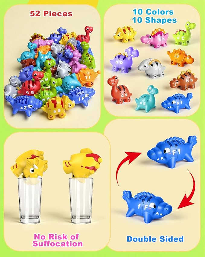 52 PCS Dinosaur Alphabet Learning Toys for Toddlers Kids 3-5, 10 Different Dinosaur Figures, Double Sided ABC Matching Game, Preschool Activities Montessori Fine Motor Toys for Toddlers Kids