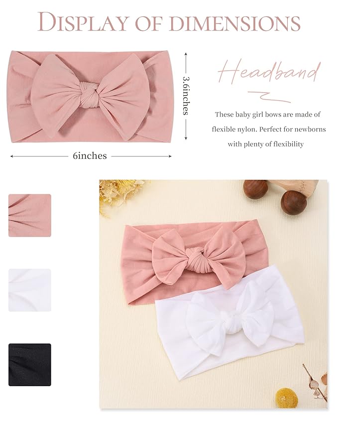 jollybows 3PCS Baby Nylon Headbands Hairbands Hair Bow Elastics for Baby Girls Newborn Infant Toddlers Kids (1-Black+White+Pink, 1 Count (Pack of 3))