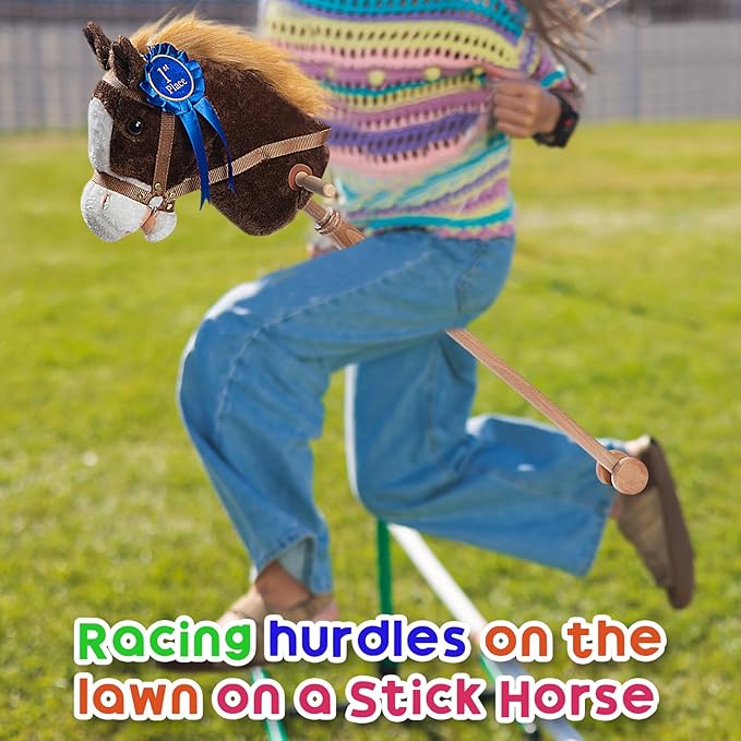 HollyHOME Stick Horse Plush with Detachable Blue Ribbon Champion Hobby Horse on Stick with Wood Wheels Real Pony Neighing for Kids Toddlers Chocolate 36 Inches(AA Batteries Required)