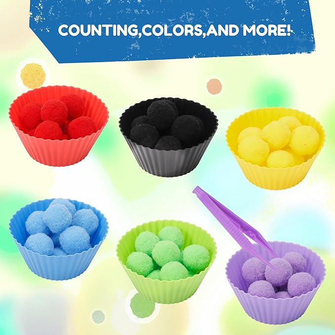 170 PCS Counting Sorting Fine Motor Skills Sensory Bin Filler Include 12 Sorting Bowls, 150 Pom Poms, 6 Tweezers, 2 Scooper Scissors for Kids Early Education, Sorting Counting Training
