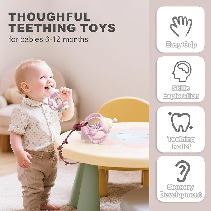 Teething Rattles for Babies 0-6 Months 6-12 months, Silicone Rattle Teether with Pacifier, Baby Montessori Toys 6-18 Months, Infant & Toddler Molar Teething Relief, Boys Girls Essential Gifts (Pink)
