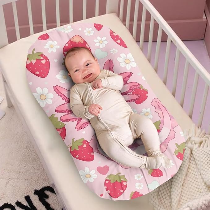 Strawberry Axolotl Baby Lounger Cover for Boys, Pink Newborn Infant Lounger Covers 31.5'' x 21.3'', Soft and Breathable Nest Replacement Slipcover