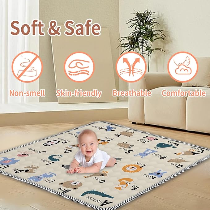 Baby Play Mat 59" X 71", Thickened Soft Floor, Waterproof and Non-Slip Crawling Play Pad, Machine Washable Foldable Crawling Mat for Floor Playpen