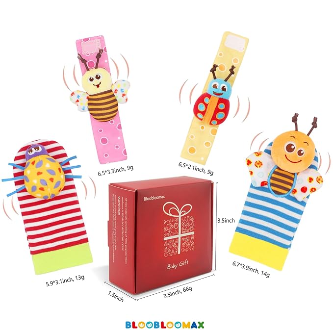 Bloobloomax Wrist Rattle Socks and Foot Finder Set, Infant Girl Boy Toys for Babies 0-36 Months, Newborn Hand & Foot Toys for 0 to 3 Years, Baby Shower Gifts Set Easter Basket Stuffer