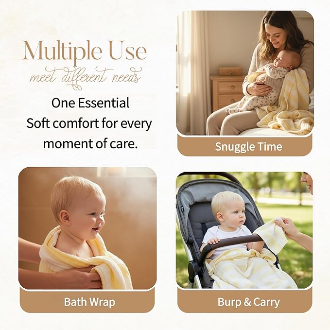 Muslin Baby Bath Towel Set - 100% Organic Cotton 5-Piece Set (2 Large Towels & 3 Washcloths), 6 Layer Super Soft Absorbent Gauze for Newborns (Yellow Stripe)