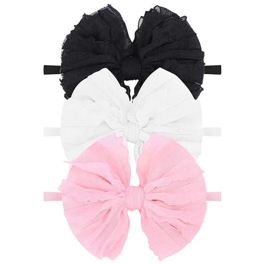 YanJie Nylon Elastic & Lace Hairband - Soft Baby Hair Bows Headbands for Girls Infants & Toddlers, 3 Pack - Black, White, Pink