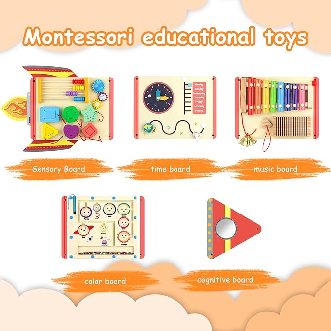 5FT Large Wooden Activity Wall Busy Board, Montessori Sensory Wall Panel for Toddlers, 12 in 1 Learning Activitie Center,Gift for Kids 1-3 Year Olds, Playroom Toy for Boys and Girls