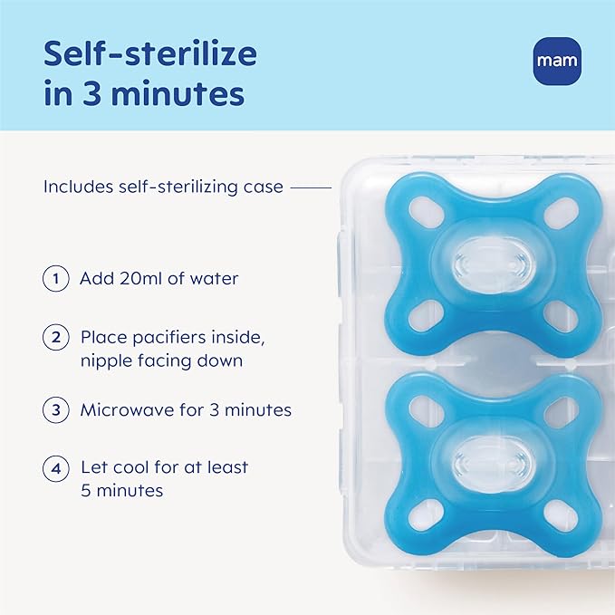 MAM Comfort Baby Pacifier 0-3 Months Specially for Smaller Newborn Mouths,Lightweight One-Piece BPA-Free Silicone, Easy to Clean, Best for Breastfed Babies, 2 Pk, Sterilizer Case, Made in Europe