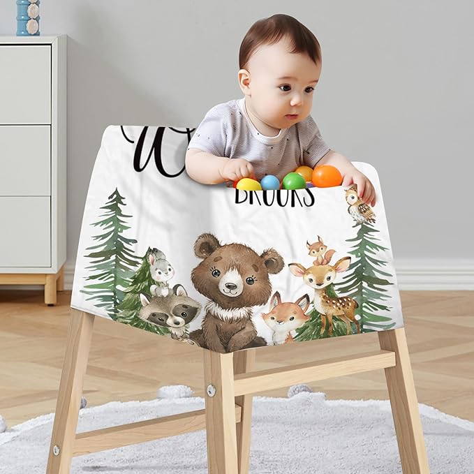Personalized Baby Car Seat Cover Stroller Canopy: Custom Name Newborn Baby Boy Girl Elastic Woodland Animals Nursing Cover for Moms First Birthday Gift Bear Fox(one Size)