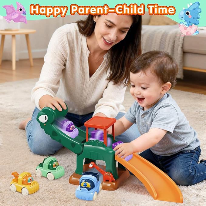 Toddler Toys for 1 2 Year Old Boys Educational Dinosaur Slide Toys with 4 Push Car Toys for Baby 12-18 Months,First Birthday Easter Gifts for Kids,Montessori Learning Race Car Track Ages 1-2 (Green)