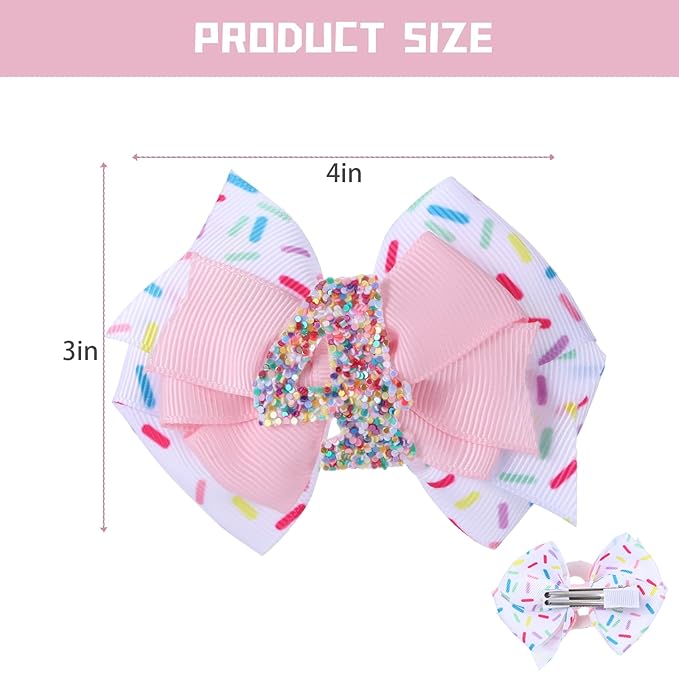 2pcs Birthday Hair Bow for Baby Girls, Sprinkle Confetti 4th Birthday Decorations Girl, Ice Cream Party Theme Bow Clips for Baby Girls Pink Hair, Happy 4th Birthday Girl Hair Bow Clips