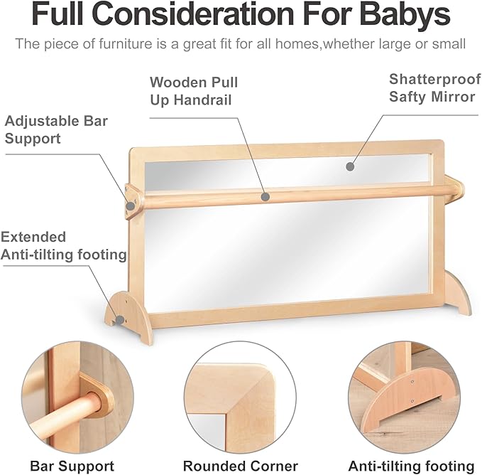 3-Position Montessori Shatterproof Safety Baby Mirror w/Pull Up Handrail, Infant Coordination Mirror Set, Kid's Classroom Furniture for Nursery, Daycare, Homeschool or Preschool (Natural Pura)