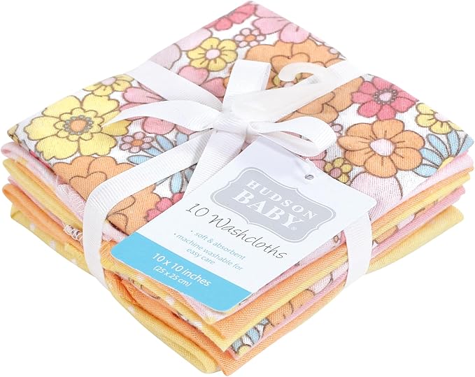 Hudson Baby Unisex Baby Flannel Cotton Washcloths, Peace Love Flowers 10 Pack, One Size