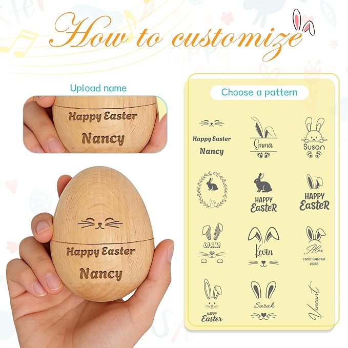 Custom Musical Easter Egg Shaker 2026, Hollow Fillable Wooden Easter Basket Stuffer, Personalized First Easter Gift for Boys Girls, Easter Home Decor (Hollow Fillable Egg)