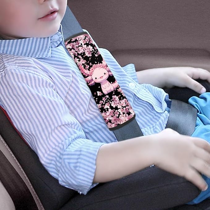 Biyejit 2 Pack Baby Car Seat Belt Covers, Cherry Blossom Axolotl Car Seat Strap Covers for Boys Girls, Soft Car Seat Neck Cover, Newborn Car Seat Straps Shoulder Protectors