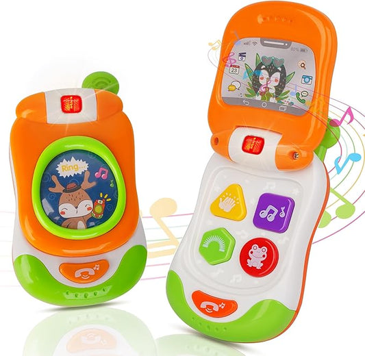 Baby Cell Phone Toy with musicial and Light, Flip Phone Educational Toddler Toys (Orange)