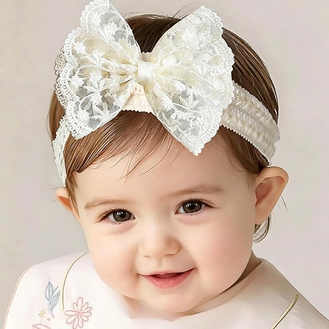 Baby Girls Bow Lace Headband Cute Soft Hairband White Butterfly Knot Headbands for Newborn Infants Toddlers Kids Christening Baptism Birthday Party Hair Accessories（Floral Bow）