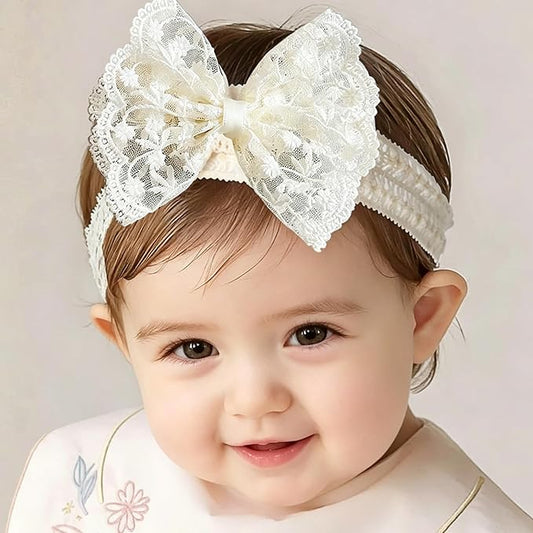 Baby Girls Bow Lace Headband Cute Soft Hairband White Butterfly Knot Headbands for Newborn Infants Toddlers Kids Christening Baptism Birthday Party Hair Accessories（Floral Bow）