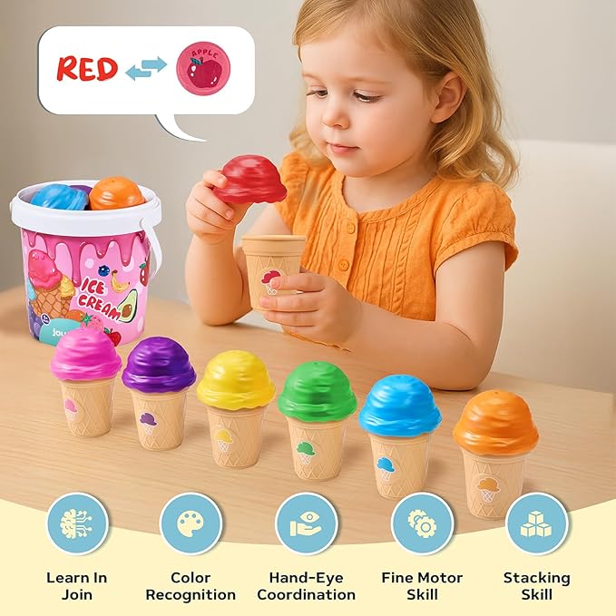 JoyCat Ice Cream Toy Set for Toddlers 1-5, Color Sorting & Stacking Toys, Pretend Play Food for Boy Girls Kids, Educational Fine Motor Skills Gift (7 Cones 7 Scoops 1 Bucket)