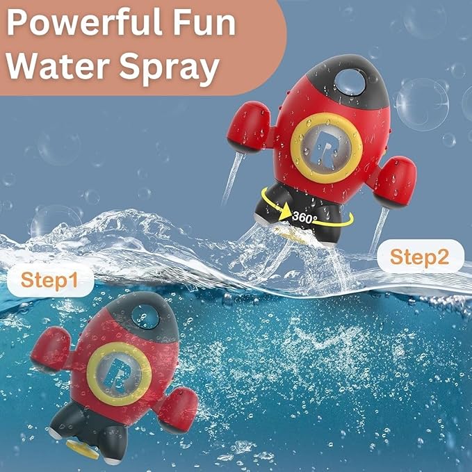 Baby Bath Toys, Space Rocket Shape Bathtub Toys for Toddlers, Spray Water Toys w/ Rotating Fountain, Bathroom Shower Toys for Infants Aged 18 Months 2 3 4 5 Years Old Kids Girls Boys