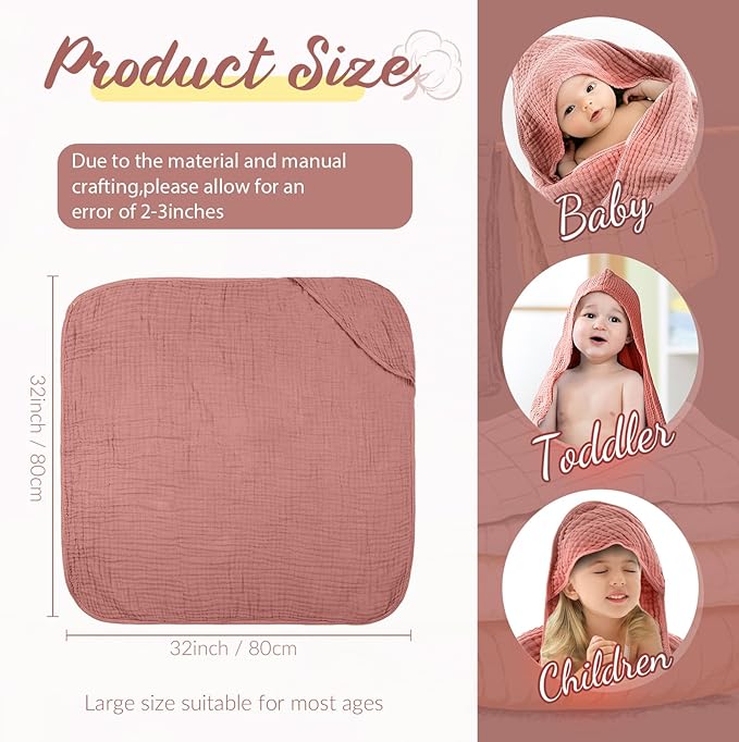 VitalCozy 6 Pcs Baby Muslin Hooded Bath Towels and Washcloths, Muslin Hooded Baby Towels Absorbent Blankets for Gift Newborn Infant Shower (Brown,Burnt Orange)