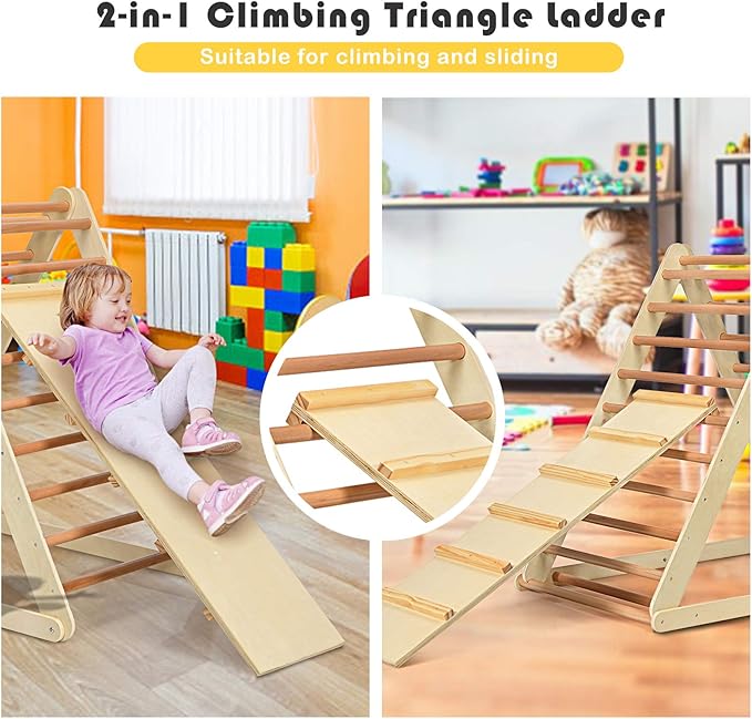 HONEY JOY Triangle Climber with Ramp, 2-in-1 Indoor Toddler Climbing Triangle Set with Ladder & Slide, Foldable Wooden Kids Climbing Toys for Playground, Gym & Daycare, Gift for Boys Girls (Natural)