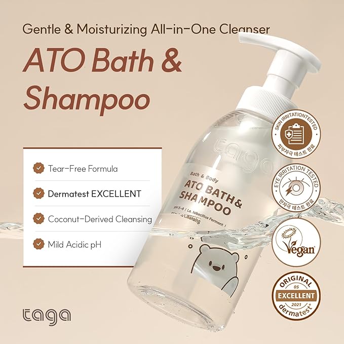 TAGA ATO Baby Bath & Shampoo 300 ml – Mild Tear-Free Cleanser for Newborn & Sensitive Baby Skin - Ceramide & Vitamin Rich Foam-Free Formula for Sensitive Dry Skin -Vegan Hypoallergenic