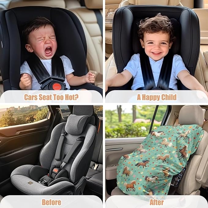 Car Seat Sun Shade Cover, Portable Car Seat Cover Baby Trend Car Seat Protector, Easy Installation for Baby & Kids, Horse Green