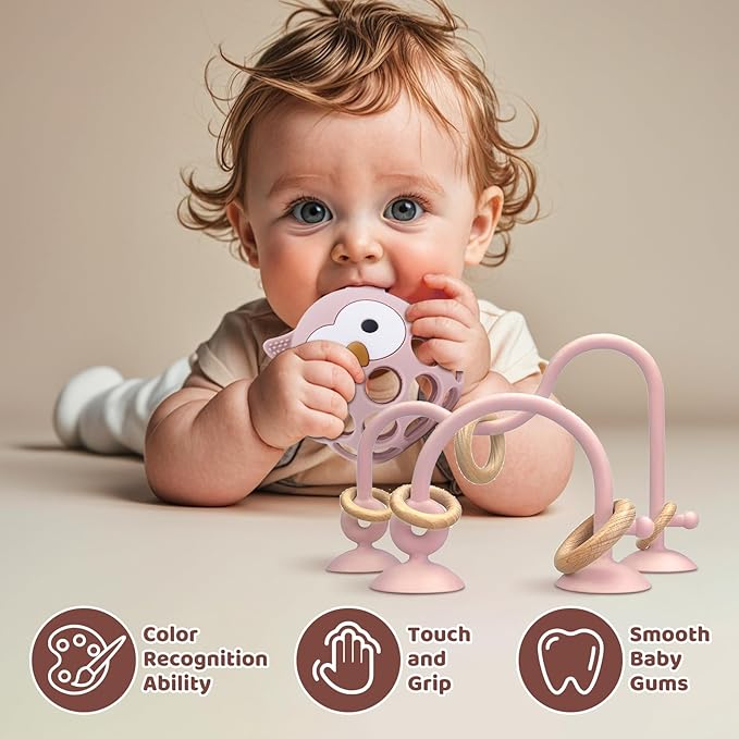 Baby High Chair Suction Toys Teething Chew - Baby Teething Table Toys Silicone Teethers, Food Grade Silicon for 6 12 18 Months (Pink)