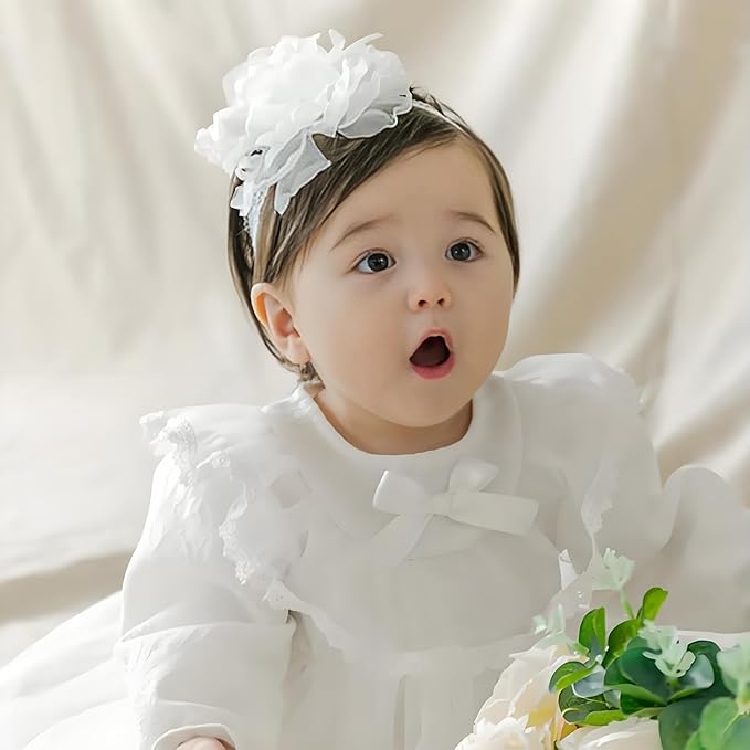 Baby Girls Flower Headbands Cute Kids Christening Headband Soft Lace Hairbands Floral Crown Newborn Infant Toddlers Hair Accessories for Birthday Party Photography(Beige Flowers)