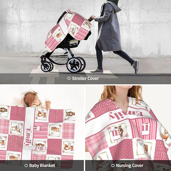 Personalized Baby Car Seat Canopy for Babies with Name, Custom Car Seat Covers for Girls, Animals Pink Nursing Breastfeeding Stroller Cover Infant Carseat Canopies for Newborn