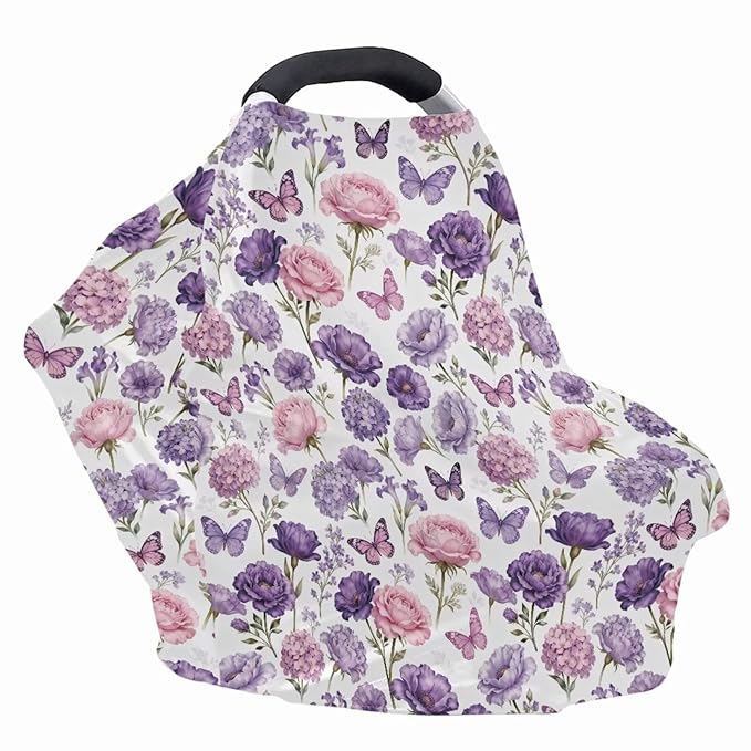 Rose Flower Butterfly Nursing Cover Carseat Covers Baby Car Seat Cover for Girls Boys, Stretchy Car Seat Canopy Multiuse Nursing Breastfeeding Protectors, All-in-1