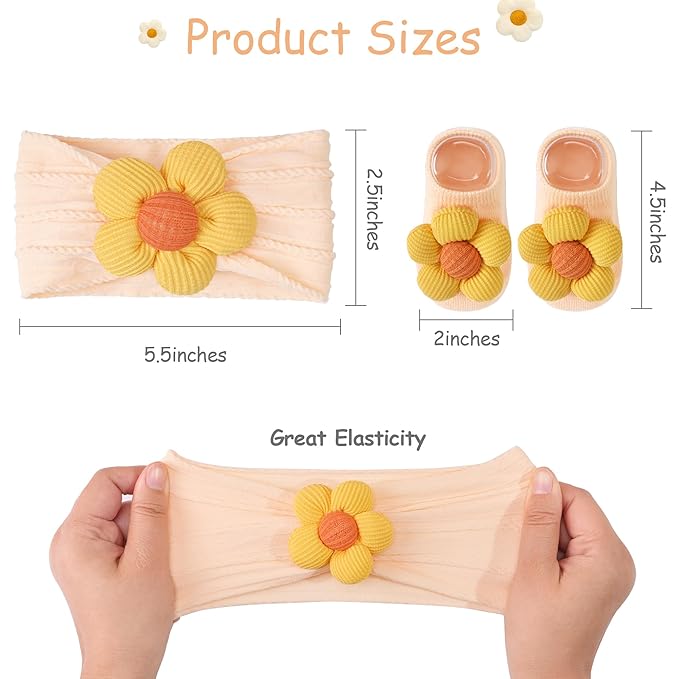CÉLLOT Baby Girl Headband and Socks, Non-Slip Floral Socks and Soft Floral Nylon Hairbands for Babies Infants and Toddlers (Salmon+Yellow+Green)