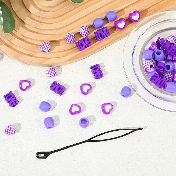 TIESOME 60 Pcs Large Hair Beads, Purple Resin Big Beads For Hair With Puller Tool, Braid Loc Dreadlock Bead For Girls Kids Women, Easy To Thread For Ponytail, Braids, Hairs Jewelry Accessories