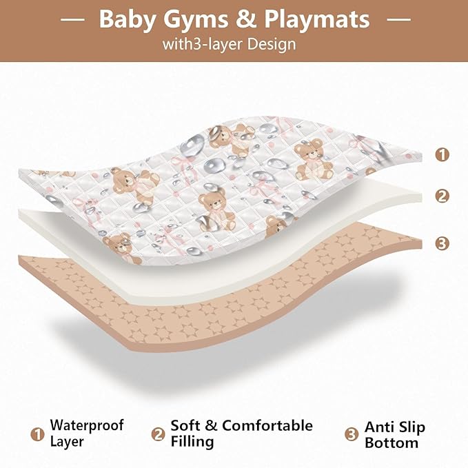 Baby Play Mat Animal Bear Pink Ribbon Bow 50 x 50 Playpen Mat Baby Play Mats for Floor Play Gym Crawling Mat Non-Slip Cushioned Baby Playmat for Infants, Babies, Toddlers