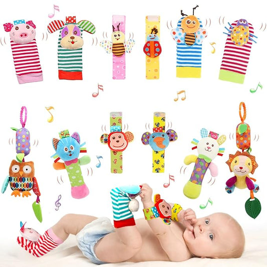 Bloobloomax Baby Soft Hanging Rattle, Wrist Rattle and Hand Foot Rattle Toy, Car Seat Stroller Toys with Plush Animal C-Clip Ring for Infant Babies Boys and Girls 3 6 9 to 12 Months (12PCS-G)