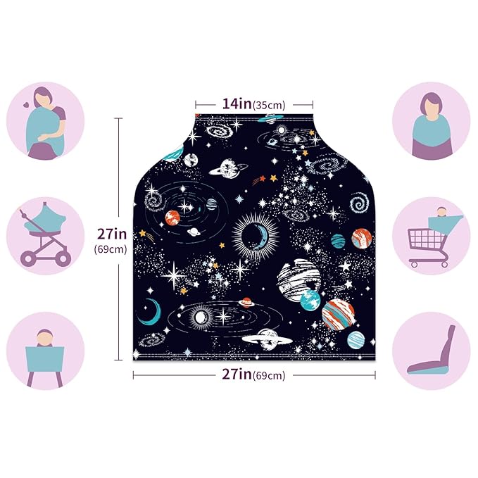 Baby Car Seat Stroller Covers Cartoon Planet Nursing Cover Breastfeeding Scarf Soft Breathable Stretchy Infant Car Canopy Coverage Carseat Cover for Boys and Girls Multi Use