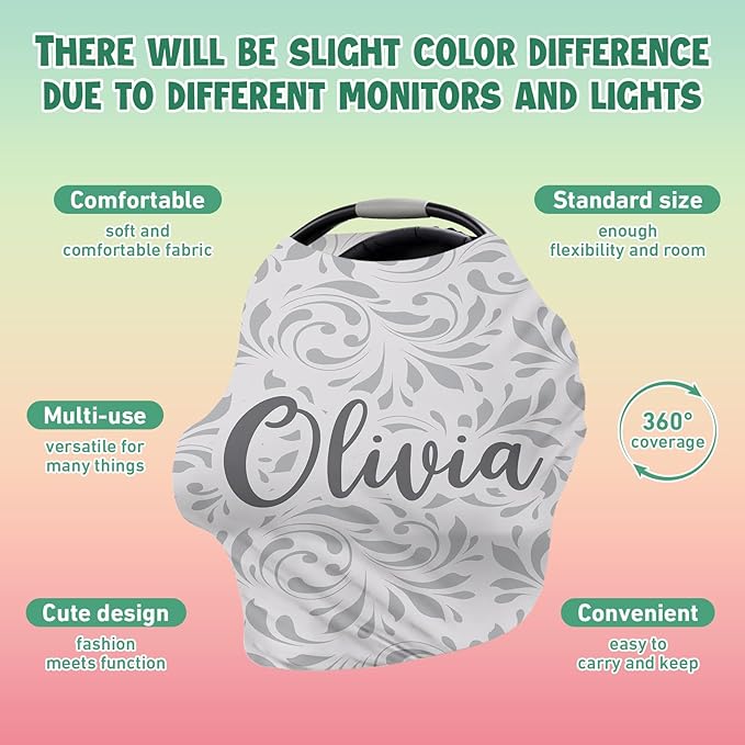 Custom Name Car Seat Canopy - Baby Car Seat Covers, Infant Stroller Cover, Carseat Canopy Christmas Birthday Gifts for Girls and Boys White Leaf Pattern