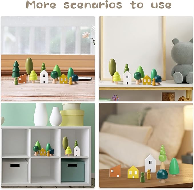 Promise Babe Wooden Tree Toys - Montessori Wooden Blocks Stacking Toys for Toddlers, Miniature Trees & House Various Sizes Woodland Creative Craft Home Decor
