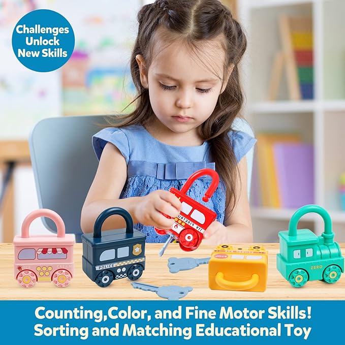 Montessori Learning Toys Sorting & Matching Locks and Keys Toddlers Sensory Car Activity Fine Motor Toy, Birthday Party Favors Thank You Exchange Gifts Back to School Stuffers for Kids Age 2-5 Years