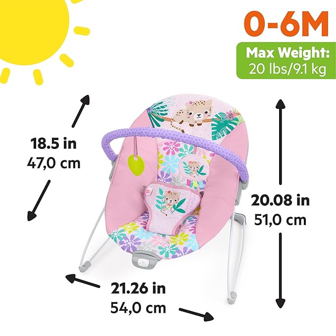 Bright Starts Pink Vibrating Baby Bouncer, Removable Toy Bar with 2 Toys, Nonslip Feet, 0-6 Months Up to 20 lbs (Wildflower Wonders)