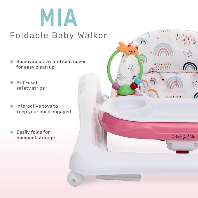 Dream On Me Mia Foldable Baby Walker in Pink, Foldable Walker with Adjustable Heights, Removable, Machine Washable High-Back Padded Seat, Suitable for 6-12 Months