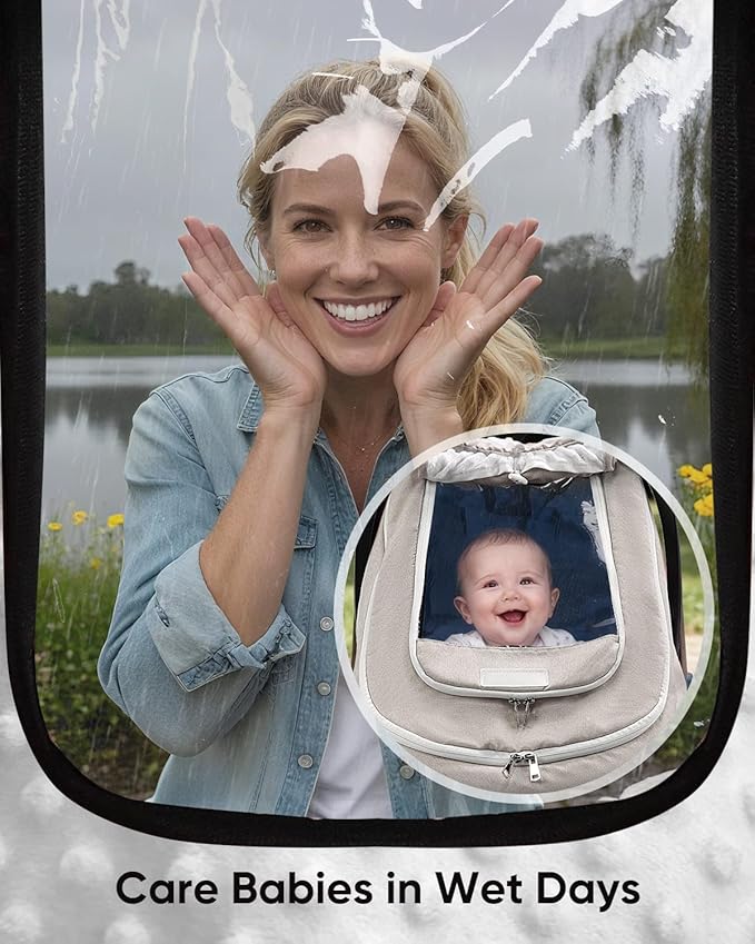 TinlyFinly Waterproof Car Seat Cover for Baby, 2-Layer Car Seat Rain Cover with Clear Window & Sunshade & Mesh Cover, Universal Infant Carseat Canopy for Stroller, Protect from Rain and Snow - Beige